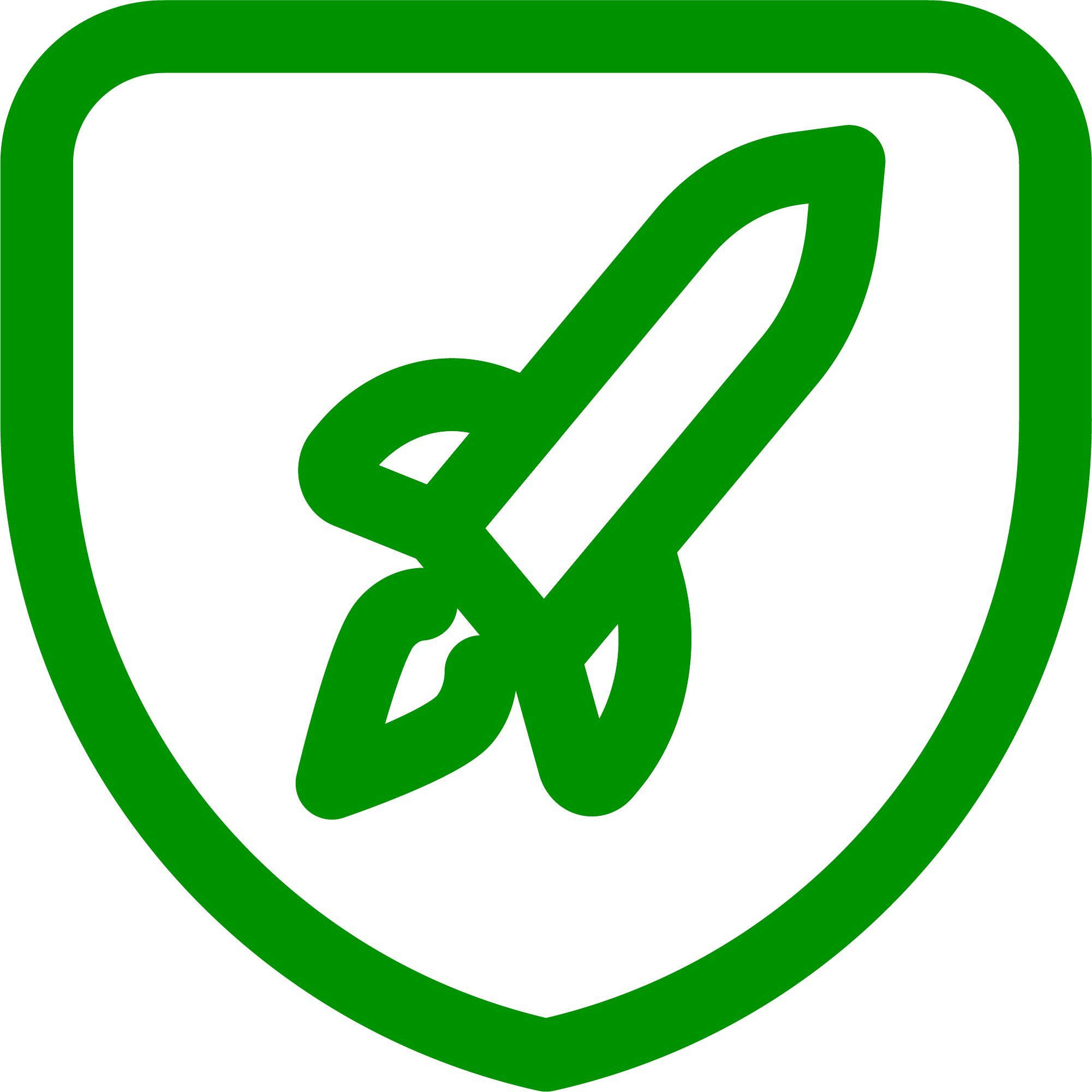 Green line icon of rocket ship in shield 